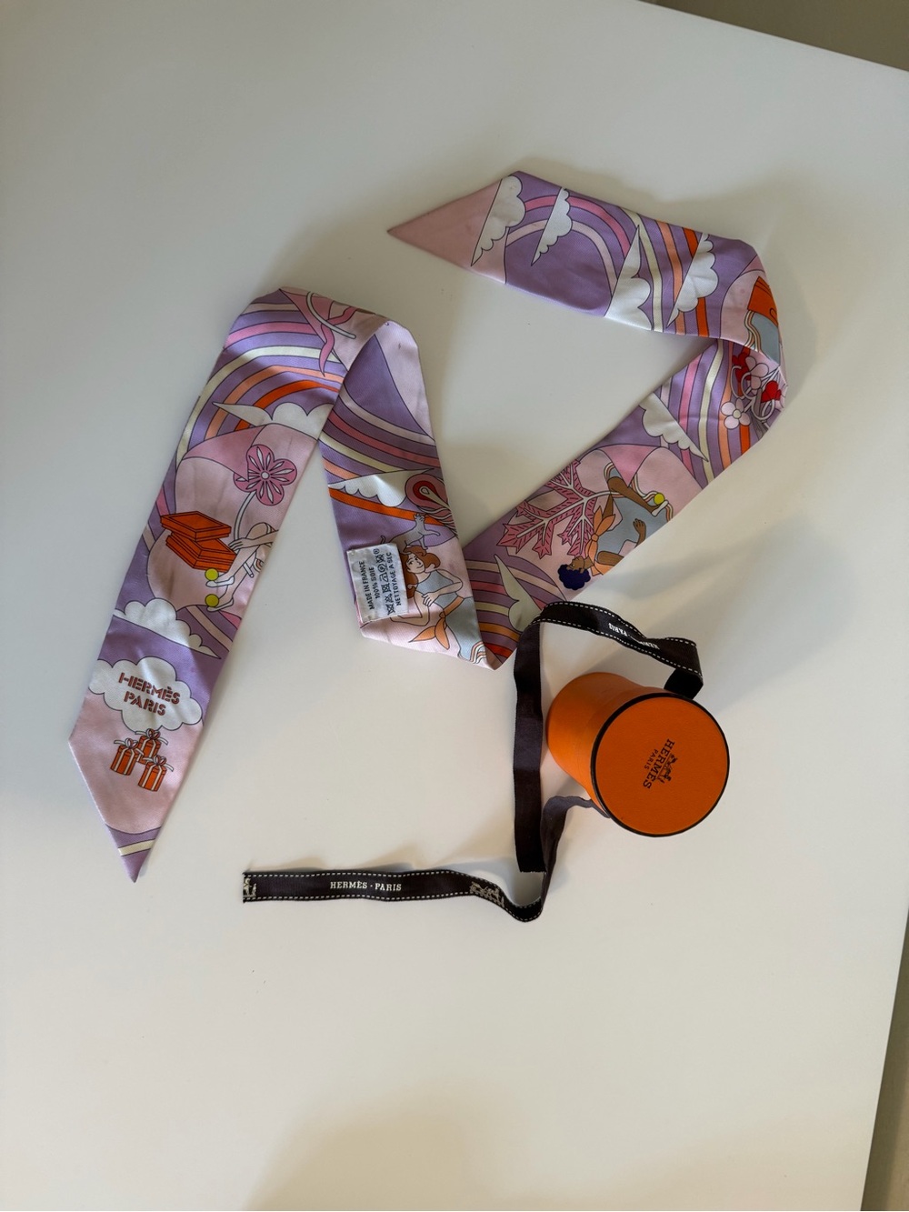 Hermes Pink & Lavender Silk Twilly Scarf